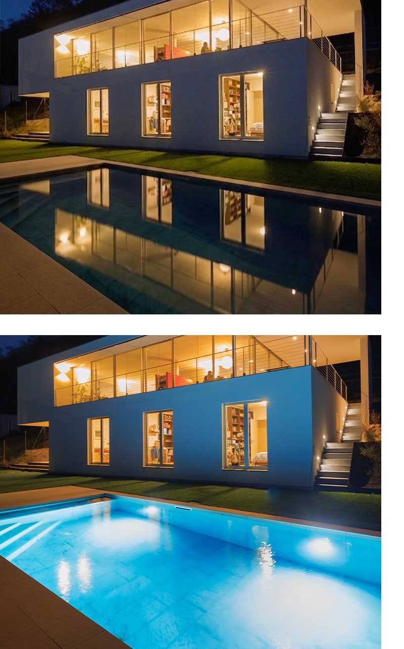 Image montrant deux images d'une meme piscine. Sur une image, la piscine n'est pas éclairé, sur l'autre image, la piscine est éclairée et sécurisée