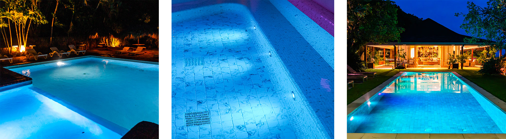 Eclaix, montage de 3 photos montrant des piscines de nuit éclairées avec des spot eclaix.